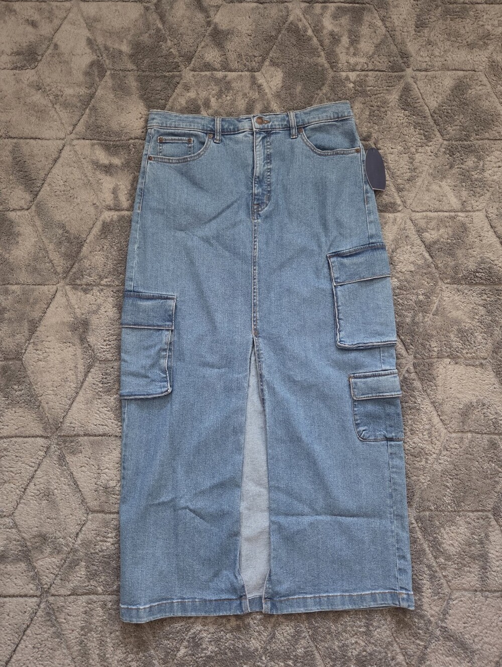 Denim Cargo Utility Blue Maxi Skirt Front Slit Fall Western Boho Going Out 10 - Picture 5 of 12